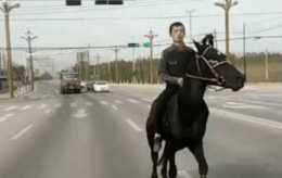 男子騎寶馬在路上狂奔，網友直呼百公里油耗只需一把草