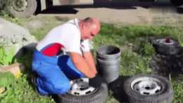 男子為預防車子爆胎將水泥注滿輪胎，改裝後是這樣的效果
